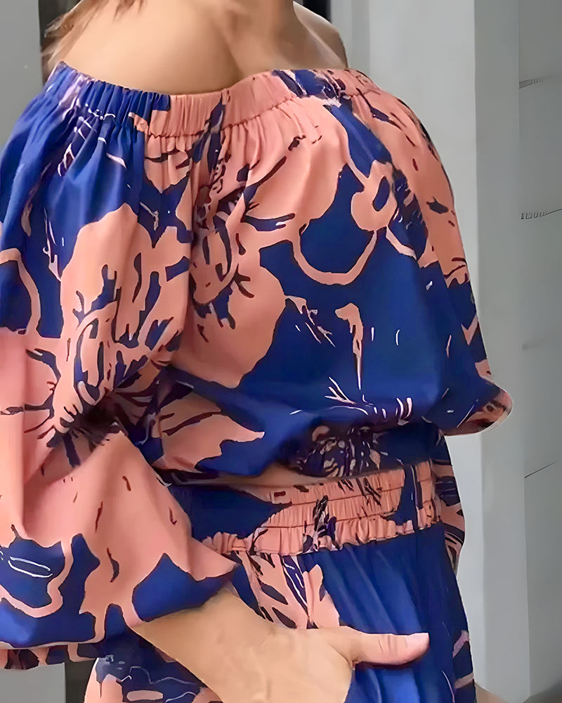 Floral Print Off Shoulder Lantern Sleeve Top and Casual Floral Pants Set