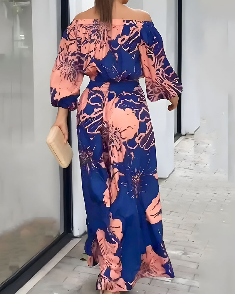 Floral Print Off Shoulder Lantern Sleeve Top and Casual Floral Pants Set