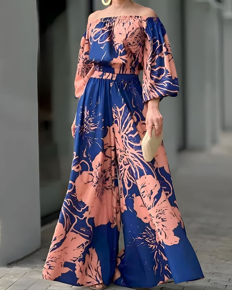 Floral Print Off Shoulder Lantern Sleeve Top and Casual Floral Pants Set