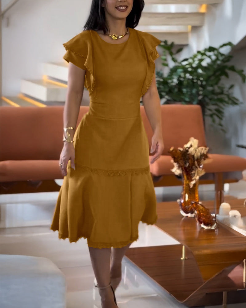 Butterfly Sleeve Hollow out Back Shirred Work Dress Casual Cinched Waist Lace Trim Ruffle Hem Dress