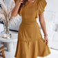 Butterfly Sleeve Hollow out Back Shirred Work Dress Casual Cinched Waist Lace Trim Ruffle Hem Dress