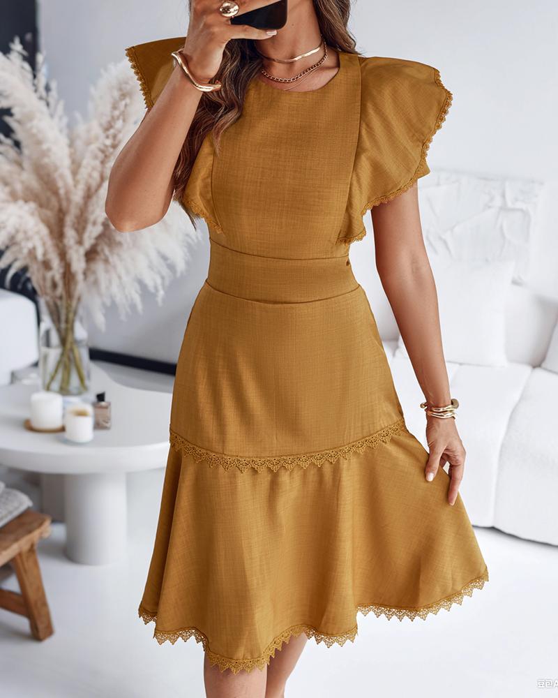 Butterfly Sleeve Hollow out Back Shirred Work Dress Casual Cinched Waist Lace Trim Ruffle Hem Dress