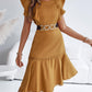 Butterfly Sleeve Hollow out Back Shirred Work Dress Casual Cinched Waist Lace Trim Ruffle Hem Dress