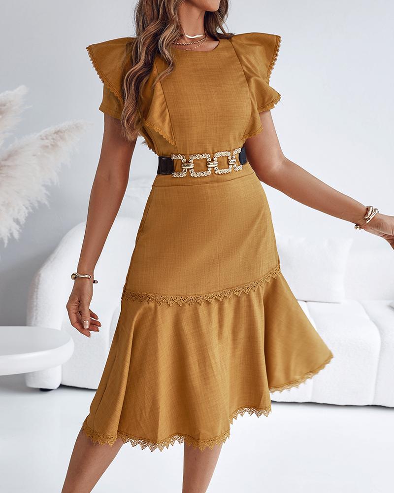 Butterfly Sleeve Hollow out Back Shirred Work Dress Casual Cinched Waist Lace Trim Ruffle Hem Dress