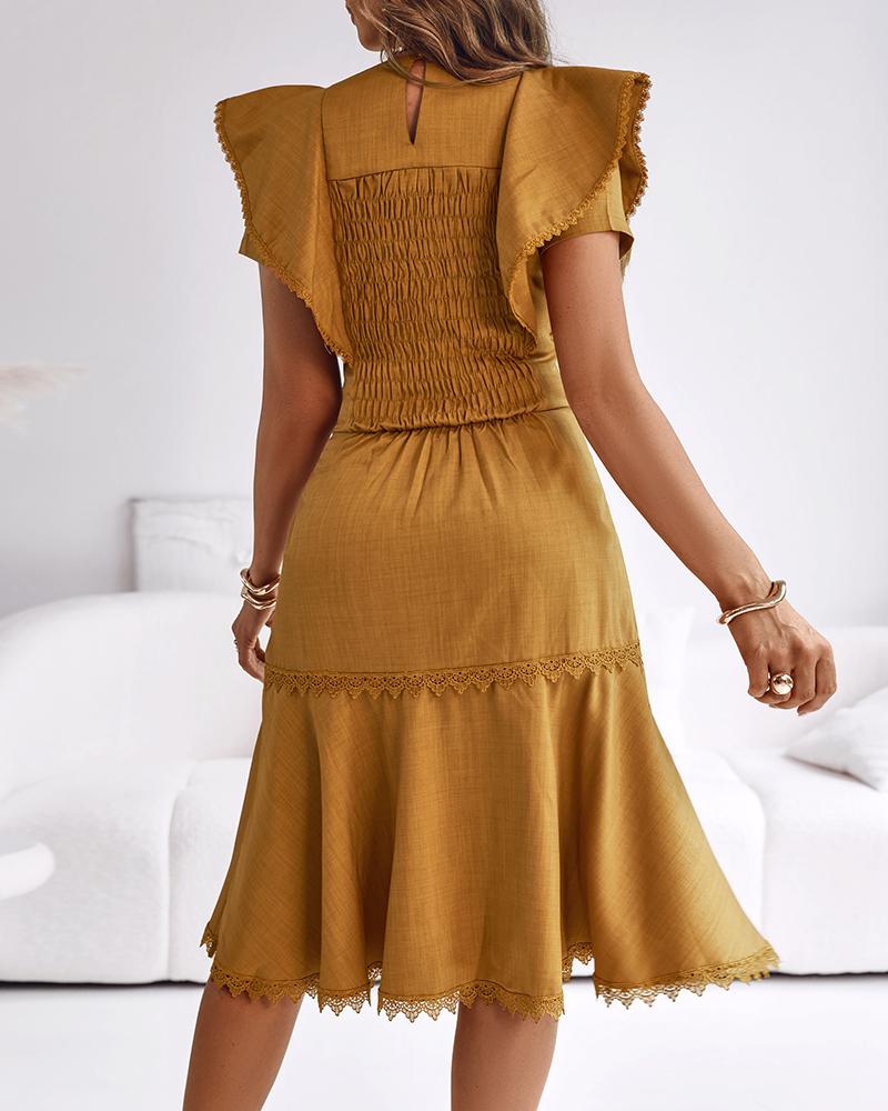 Butterfly Sleeve Hollow out Back Shirred Work Dress Casual Cinched Waist Lace Trim Ruffle Hem Dress