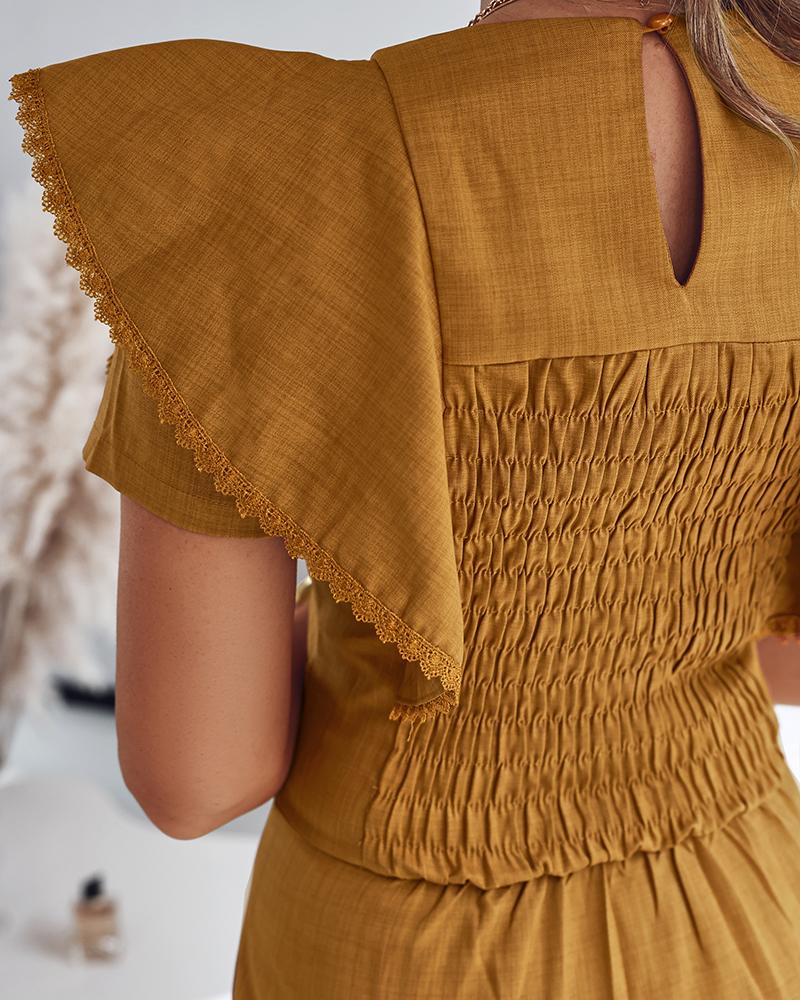 Butterfly Sleeve Hollow out Back Shirred Work Dress Casual Cinched Waist Lace Trim Ruffle Hem Dress