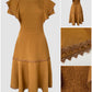 Butterfly Sleeve Hollow out Back Shirred Work Dress Casual Cinched Waist Lace Trim Ruffle Hem Dress