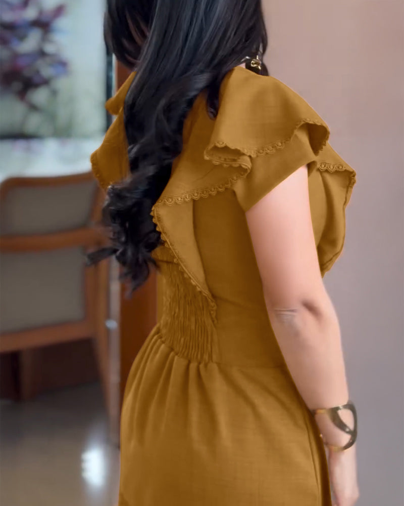 Butterfly Sleeve Hollow out Back Shirred Work Dress Casual Cinched Waist Lace Trim Ruffle Hem Dress