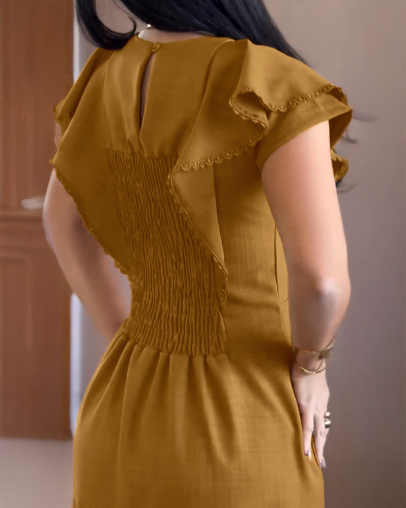 Butterfly Sleeve Hollow out Back Shirred Work Dress Casual Cinched Waist Lace Trim Ruffle Hem Dress