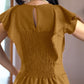Butterfly Sleeve Hollow out Back Shirred Work Dress Casual Cinched Waist Lace Trim Ruffle Hem Dress