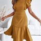 Butterfly Sleeve Hollow out Back Shirred Work Dress Casual Cinched Waist Lace Trim Ruffle Hem Dress