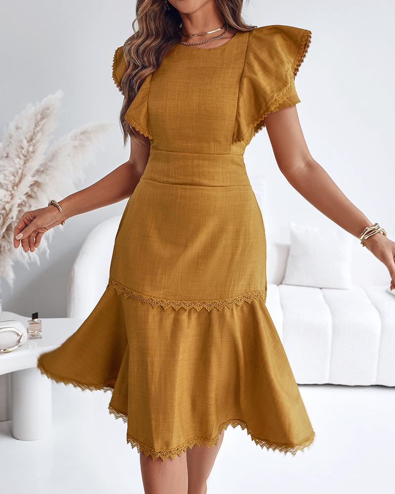 Butterfly Sleeve Hollow out Back Shirred Work Dress Casual Cinched Waist Lace Trim Ruffle Hem Dress