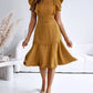 Butterfly Sleeve Hollow out Back Shirred Work Dress Casual Cinched Waist Lace Trim Ruffle Hem Dress