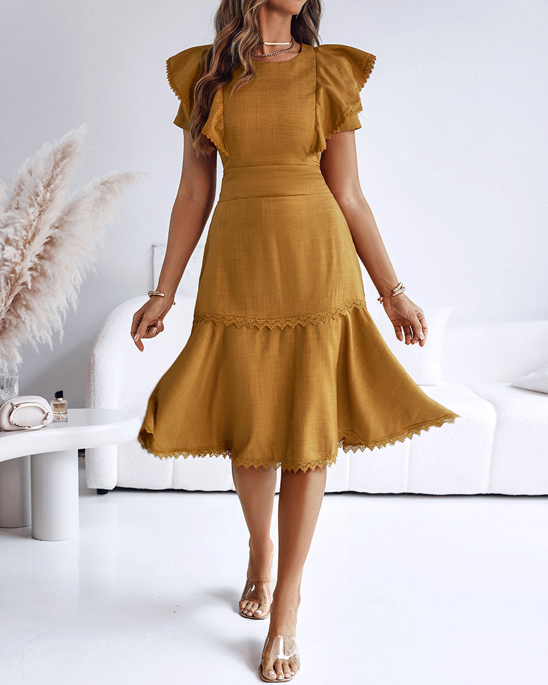 Butterfly Sleeve Hollow out Back Shirred Work Dress Casual Cinched Waist Lace Trim Ruffle Hem Dress