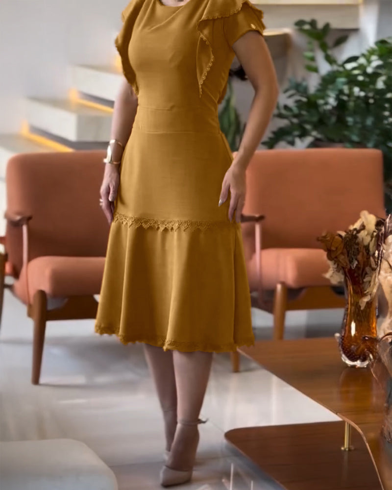 Butterfly Sleeve Hollow out Back Shirred Work Dress Casual Cinched Waist Lace Trim Ruffle Hem Dress