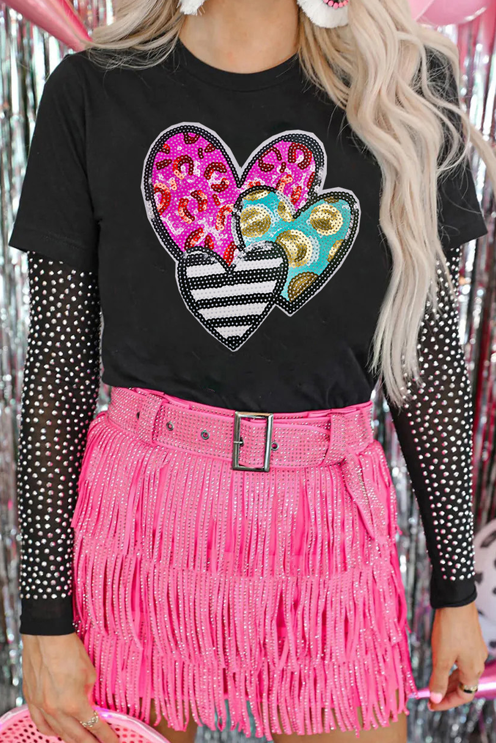 Black Trio Heart Patched Valentines Fashion Tee