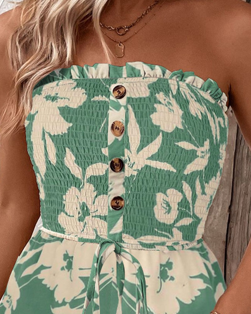 Floral Print Bandeau Shirred Rompers Casual Button Decor Tied Waist Short Jumpsuit