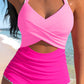 Rose Red Ric Rac Trim Contrasted Patchwork Cutout One Piece Swimsuit