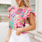 Multicolor Vibrant Floral Print Trimmed Ruffle Sleeve Blouse
