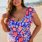 Blue Floral Print Ruffled V Neck High Waist One Piece Swimwear