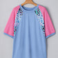 Sky Blue Leopard Print Patch Colorblock Plus Size T Shirt