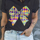 Black Checkered Bow Knot Print O Neck Plus Size T Shirt
