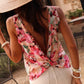 Pink Floral Round Neck Twisted Cut Out Back Tank Top