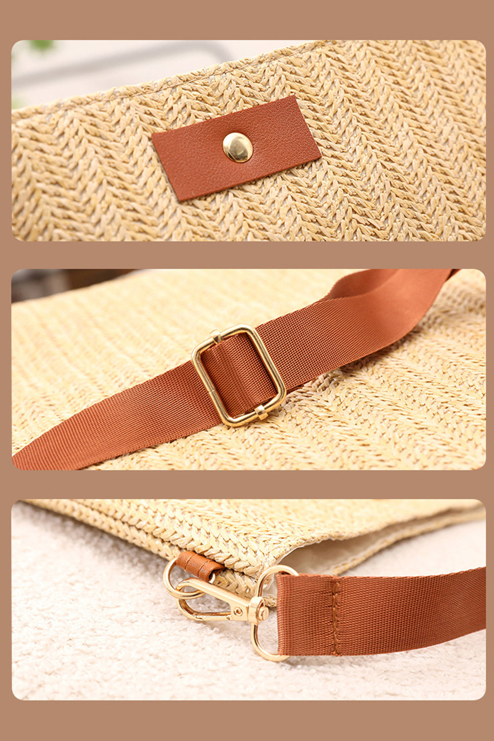 Oatmeal Straw Woven Single Button Crossbody Bag