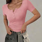 Henley V Neck Short Sleeve Tops Casual Button Up Ribbed Knit T Shirt
