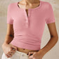 Henley V Neck Short Sleeve Tops Casual Button Up Ribbed Knit T Shirt