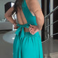 Halter Sleeveless Tied Detail Shirred Criss Cross Flared Dress Glamorous Evening Dress