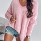Beaded Decor V neckline Long Sleeve Fluffy Oversized Sweater