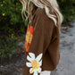 Coffee Big Flower Pattern V Neck Drop Shoulder Sweater