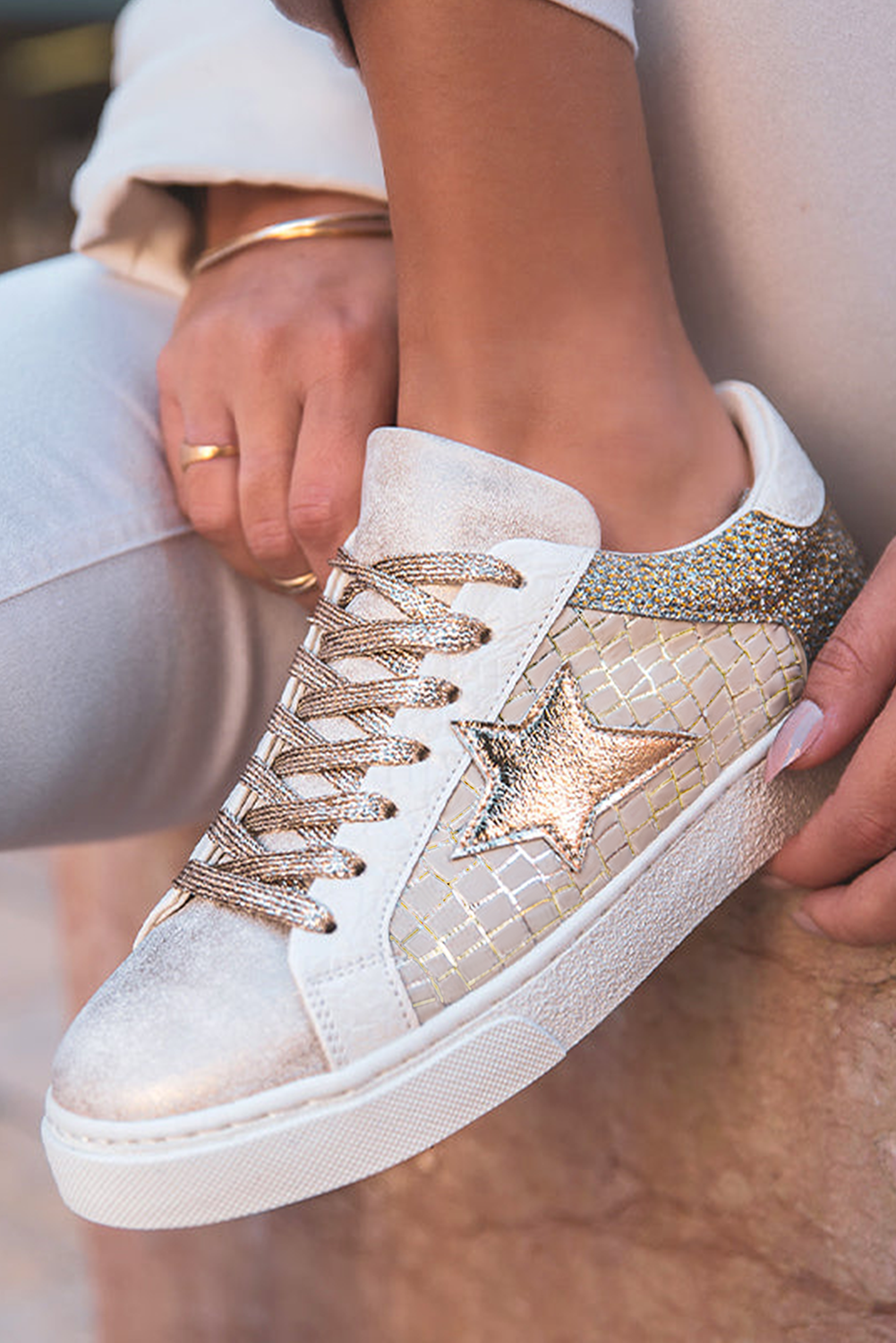 Gold Glitter Star Patchwork PU Leather Lace-up Sneakers