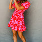 Red Floral Bubble Sleeve Sweetheart Neck Ruffled Mini Dress
