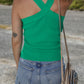 Dark Green Ribbed Criss Cross Halter Neck Sheath Sweater Tank Top