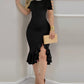 Cold Shoulder Beaded Bodycon Dress Ruffle Hem Slim Fit Party Dress