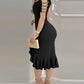 Cold Shoulder Beaded Bodycon Dress Ruffle Hem Slim Fit Party Dress