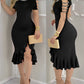 Cold Shoulder Beaded Bodycon Dress Ruffle Hem Slim Fit Party Dress
