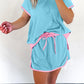 Turquoise Colorblock Edge Drop Shoulder T Shirt and Skirt 2Pcs Set