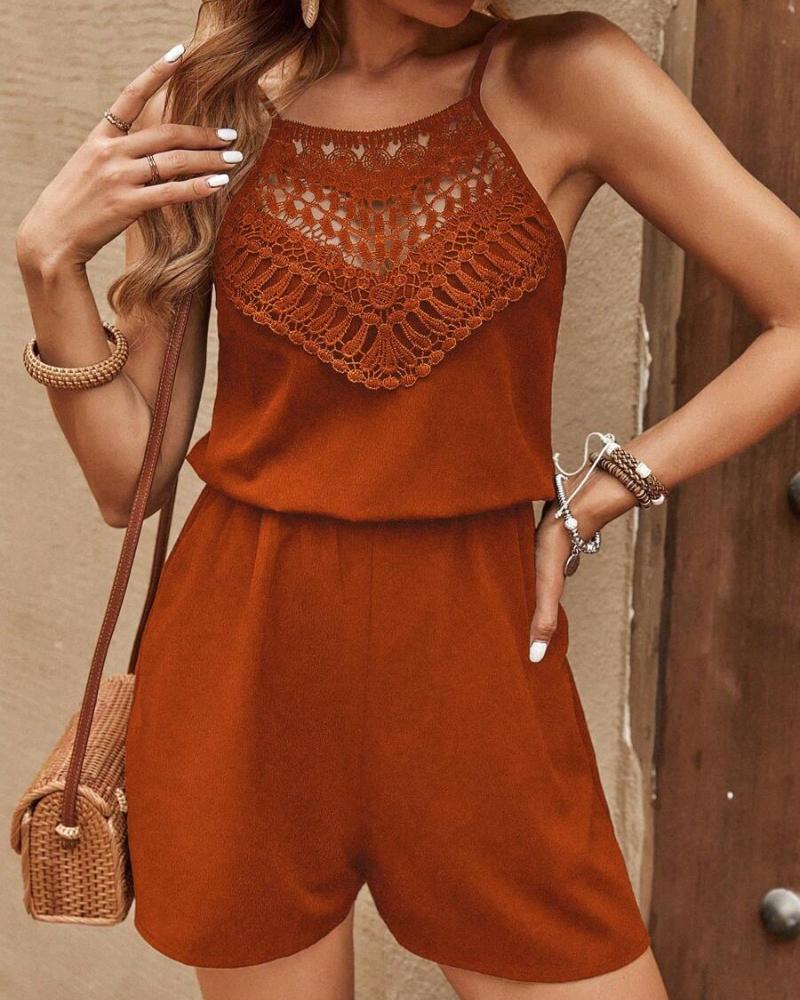 Guipure Lace Spaghetti Strap Tank Romper Casual Pocket Design Hollow out Jumpsuit