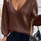 Coffee Lantern Sleeve V Neck Knot Back Sweater