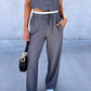 2 Piece Striped V Neck Sleeveless Thick Strap Tank Tied Detail Straight Pants Work Pants Set