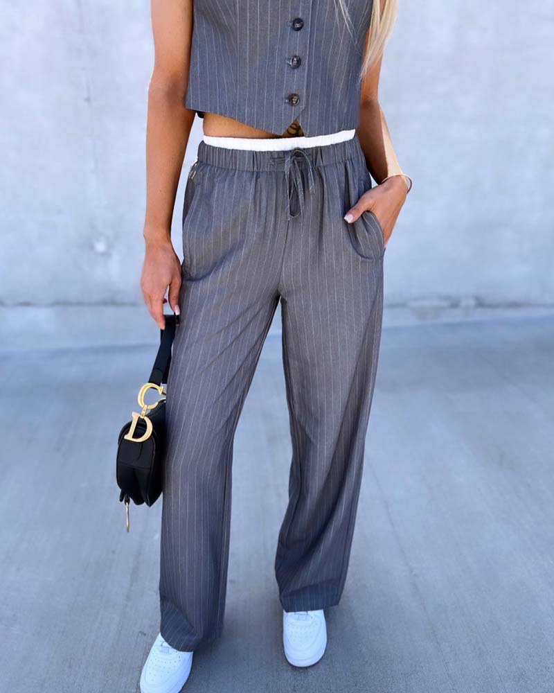 2 Piece Striped V Neck Sleeveless Thick Strap Tank Tied Detail Straight Pants Work Pants Set