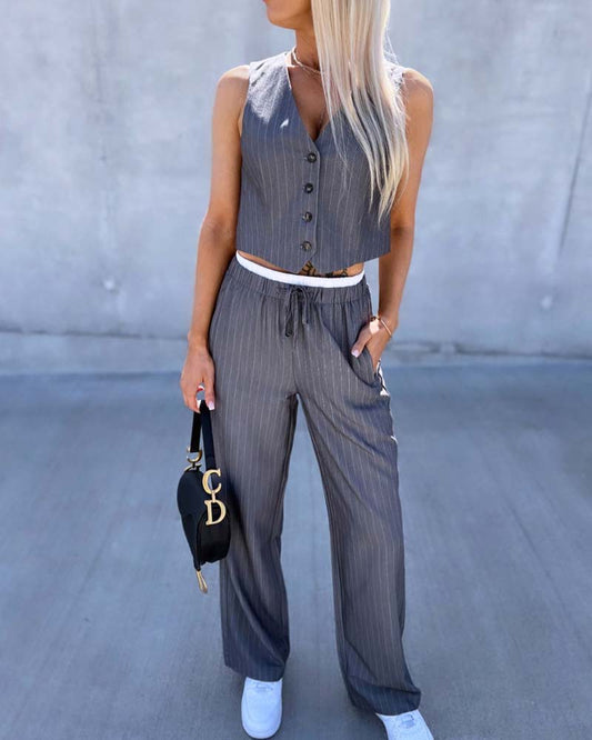 2 Piece Striped V Neck Sleeveless Thick Strap Tank Tied Detail Straight Pants Work Pants Set