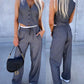 2 Piece Striped V Neck Sleeveless Thick Strap Tank Tied Detail Straight Pants Work Pants Set