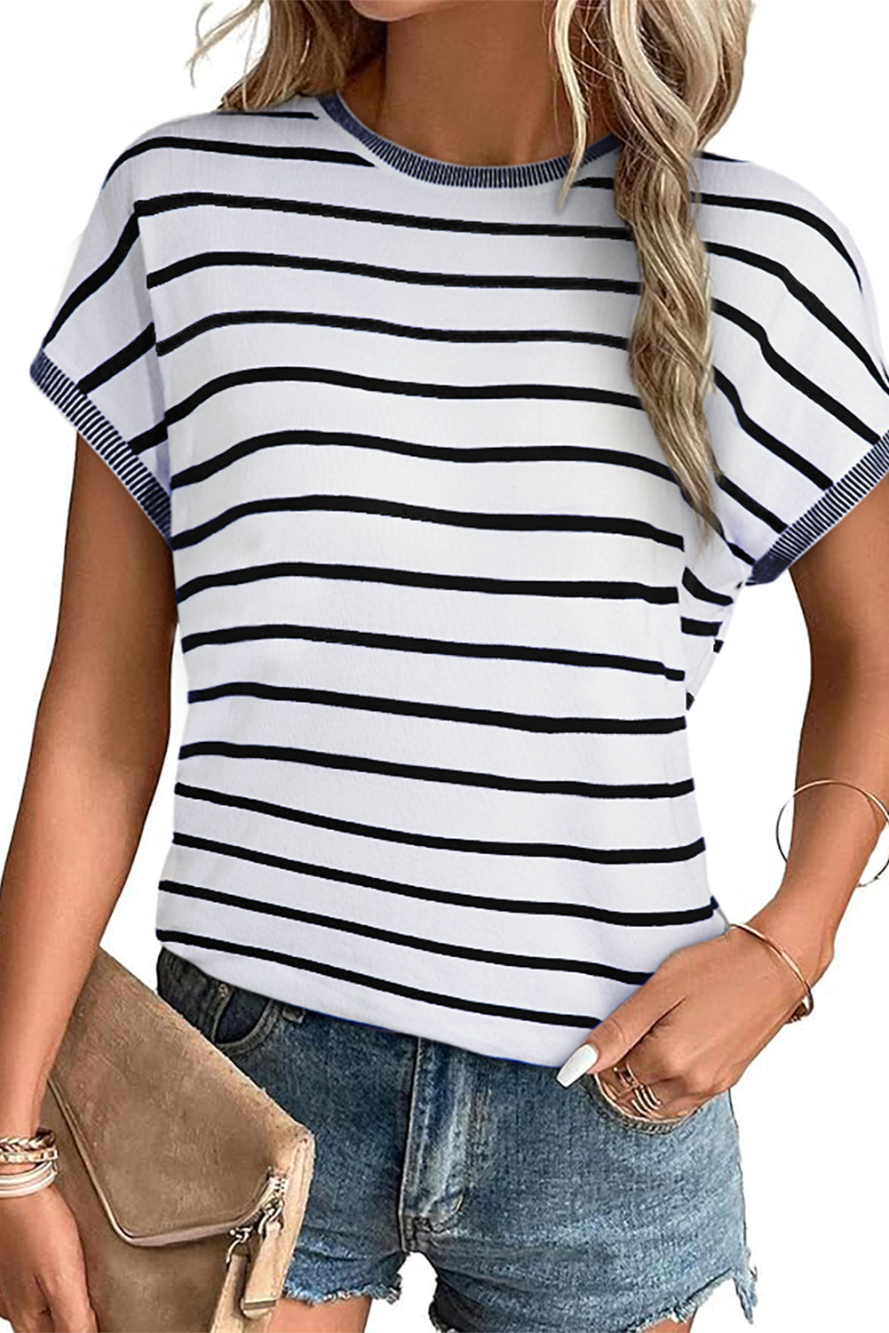 White Stripe Knitted Bat Sleeve T Shirt