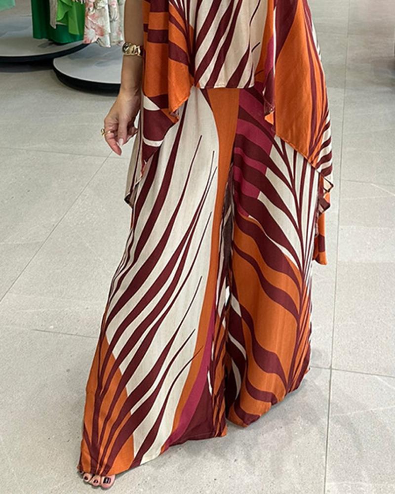 2 Pieces Vacation Outfits Floral Print Halter Lace up Slit Top and Casual Wide Leg Pants Set