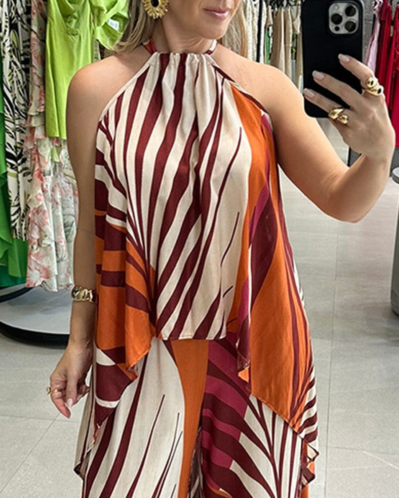 2 Pieces Vacation Outfits Floral Print Halter Lace up Slit Top and Casual Wide Leg Pants Set