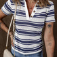 Dark Blue Stripe Collared Button V Neck Knitted T Shirt